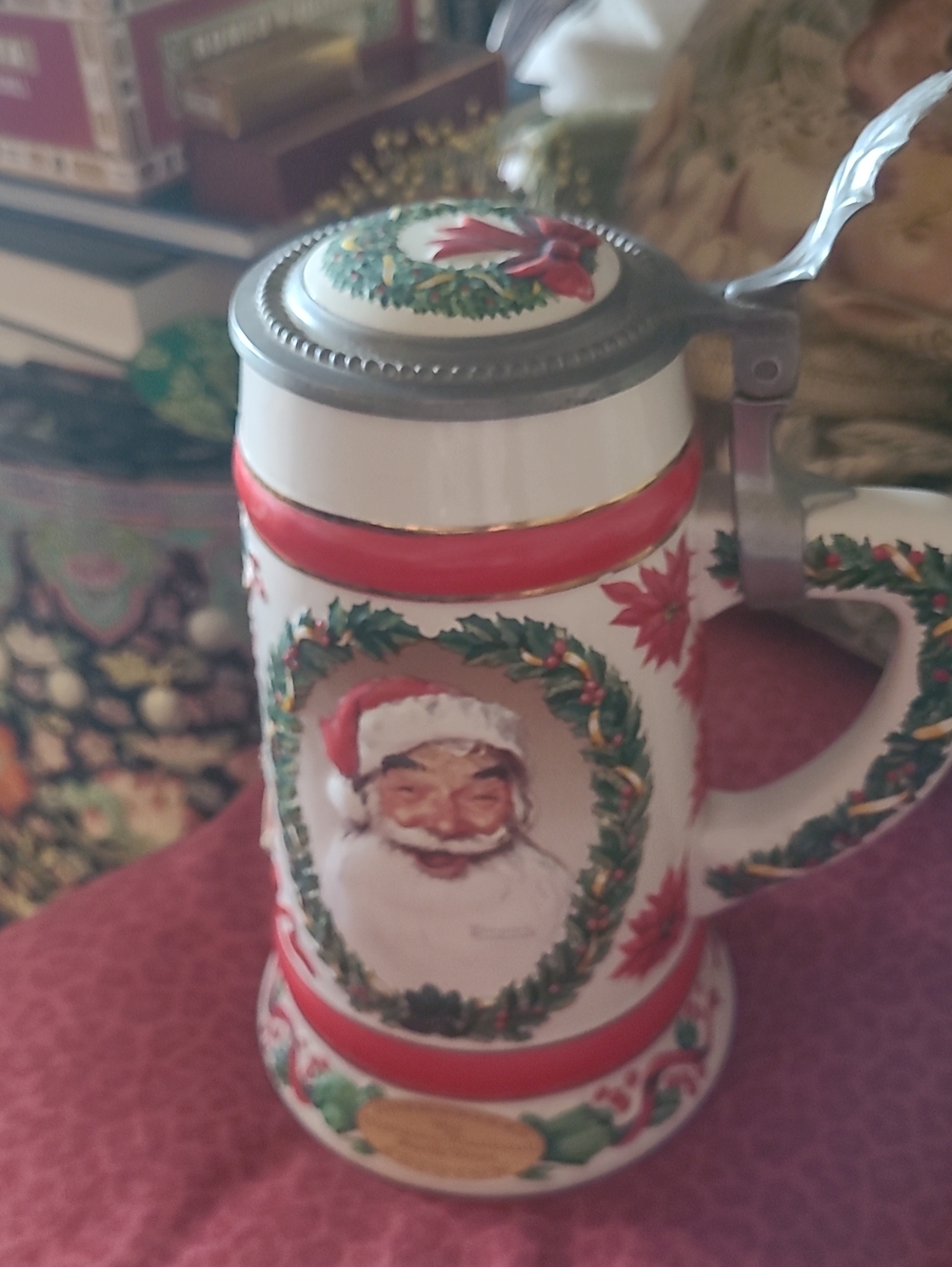 Santa Norman Rockwell Ceramic Holiday Stein with Metal Lid - White and Red